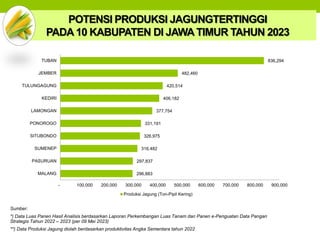 POTENSI PRODUKSI JAGUNGTERTINGGI
PADA 10 KABUPATEN DI JAWA TIMUR TAHUN 2023
Sumber:
*) Data Luas Panen Hasil Analisis berdasarkan Laporan Perkembangan Luas Tanam dan Panen e-Penguatan Data Pangan
Strategis Tahun 2022 – 2023 (per 09 Mei 2023)
**) Data Produksi Jagung diolah berdasarkan produktivitas Angka Sementara tahun 2022
296,883
297,837
316,482
326,975
331,191
377,754
406,182
420,514
482,460
836,294
- 100,000 200,000 300,000 400,000 500,000 600,000 700,000 800,000 900,000
MALANG
PASURUAN
SUMENEP
SITUBONDO
PONOROGO
LAMONGAN
KEDIRI
TULUNGAGUNG
JEMBER
TUBAN
Produksi Jagung (Ton-Pipil Kering)
 