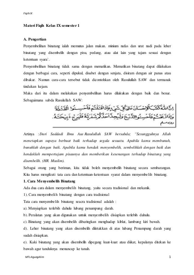 Soal Al Quran Hadits Kelas 9 Bab Penyembelihan