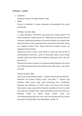 Trihomonas Vaginalis
 penyebaran
penyebaran protozoa ini hampir diseluruh dunia
 Habitat
Parasite ini berhabitan di vagina wanita,pada uretra,epididymis dan prostat
pada laki-laki
Morfologi dan siklus hidup
T. vagina merupakan Trichomonas yang paling besar dengan ukuran 15-20
mikron.mempunyai 4 flagel anterior dan 1 flagel posterior yang lekat pada tepi
membrane bergelombang,membran ini ukurannya pendek dan ujungnya tidak
keluar dari badan sel serta mempunyai kosta yang halus,inti berbentuk lonjong
dan sitoplasma berbutir halus dengan butir-butir kromatin tersebar rata
sepanjang kosta dan aksotil
Habitat dari parasit ini pada wanita adalah di vagina dan pada lak-laki di
uretra,epididymis dan prostat . parasi ini hidup pada mukosa vagina dengan
memakan leukosit dan bakteri.diluar habitatnya hidup pada suhu 0° dan mati
pada suhu 50°
Penularan dari parasit ini dapat secara langsung melalui hubungan seksual dan
secara tidak langsung melalui alat kedokteran scara tidak segaja , atau melalui
alat mandi
Patologi dan gejala klinik
Tidak semua orang terinfeksi dengan T. vaginalis menjadi sakit,tapi bila flora ,
bakteri,PH dan keadaan fisiologi vagina sesuai,maka T. vaginalis yang
ditularkan dalam jumah cukup mulai berkembang biak menyebabkan
degenerasi dan deskuamasi sel epitel vagina yang disusul oleh serangan
leukosti,secret vagina yang terdiri dari parasite dan leukosti serta sel-sel epitel
yang rusak akan mengalir keluar vagina menimbulkan gejala flour albus atau
keputihan. Gejala ini disertai dengan pruritus vagina atau
vulva,kadang-kadang terjadi rasa nyeri waktu kencing,,pada laki-laki umunya
tanpa gejala ,tapi pada infeksi bisa menyebabkan ureteritis dll
 