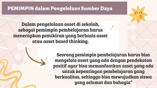 Dalam pengelolaan asset di sekolah,
sebagai pemimpin pembelajaran harus
menerapkan pemikiran yang berbasis asset
atau asset based thinking.
Seorang pemimpin pembelajaran harus bisa
mengelola asset yang ada dengan pendekatan
positif agar bisa memanfaatkan asset yang ada
untuk kepentingan pembelajaran yang
berkualitas, sehingga bisa mewujudkan siswa
yang selamat dan bahagia“
PEMIMPIN dalam Pengelolaan Sumber Daya
 