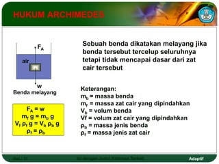 Adaptif
Hal.: 11 Isi dengan Judul Halaman Terkait
HUKUM ARCHIMEDES
Benda melayang
FA = w
mf g = mb g
Vf ρf g = Vb ρb g
ρf = ρb
Sebuah benda dikatakan melayang jika
benda tersebut tercelup seluruhnya
tetapi tidak mencapai dasar dari zat
cair tersebut
w
FA
air
Keterangan:
mb = massa benda
mf = massa zat cair yang dipindahkan
Vb = volum benda
Vf = volum zat cair yang dipindahkan
ρb = massa jenis benda
ρf = massa jenis zat cair
 