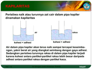 Adaptif
Hal.: 15 Isi dengan Judul Halaman Terkait
KAPILARITAS
Peristiwa naik atau turunnya zat cair dalam pipa kapiler
dinamakan kapilaritas
kohesi > adhesi
Air dalam pipa kapiler akan terus naik sampai tercapai keseimba-
ngan, yakni berat air yang diangkat seimbang dengan gaya adhesi.
Sedangkan peristiwa turunnya raksa di dalam pipa kapiler terjadi
karena kohesi antara partikel-partikel raksa lebih besar daripada
adhesi antara partikel raksa dengan partikel kaca.
kohesi < adhesi
raksa
air
 