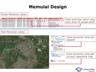 Memulai Design
Proses Pencarian Lokasi
Data awal atau lokasi yang
akan dicari di google earth

Hasil Pencarian Lokasi

Hasil pencarian yang ada
dipanel

Hasil pencarian yang ada
di layar utama/live map

 