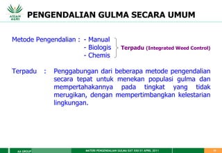 MATERI PENGENDALIAN GULMA EAT XXII 01 APRIL 2011
AA GROUP 10
PENGENDALIAN GULMA SECARA UMUM
Metode Pengendalian : - Manual
- Biologis Terpadu (Integrated Weed Control)
- Chemis
Terpadu : Penggabungan dari beberapa metode pengendalian
secara tepat untuk menekan populasi gulma dan
mempertahakannya pada tingkat yang tidak
merugikan, dengan mempertimbangkan kelestarian
lingkungan.
 