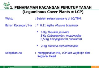 MATERI PENGENDALIAN GULMA EAT XXII 01 APRIL 2011
AA GROUP 15
1. PENANAMAN KACANGAN PENUTUP TANAH
(Leguminous Cover Plants = LCP)
Waktu : Setelah selesai pancang di LC/TBM.
Bahan Kacangan/ Ha : * 0,11 Kg/ha Mucuna bracteata
* 6 Kg Pueraria javanica
3 Kg Calopogonium mucunoides
0,5 Kg Calopogonium caeruleum
* 2 Kg Mucuna cochinchinensis
Kebijakan AA : Menggunakan MB, LCP lain wajib ijin dari
Regional Head
 