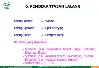MATERI PENGENDALIAN GULMA EAT XXII 01 APRIL 2011
AA GROUP 26
6. PEMBERANTASAN LALANG
Lalang Kontrol  Wiping.
Lalang Sporadis  Spot Spraying.
Lalang Sheet  Semprot total.
Herbisida yang digunakan :
- Sistemik, (b.a. Glyphosat) seperti Eagle, Roundup,
Kleen up, Smart.
- Sistemik, (b.a. Sulfosat) seperti Touchdown, Toupan
- Sistemik, (b.a. Imazapyr) seperti Assoult.
- Konsentrasi 0.5 – 1 %.
 