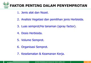 MATERI PENGENDALIAN GULMA EAT XXII 01 APRIL 2011
AA GROUP 30
FAKTOR PENTING DALAM PENYEMPROTAN
1. Jenis alat dan Nozel.
2. Analisis Vegetasi dan pemilihan jenis Herbisida.
3. Luas semprot/Ha tanaman (spray factor).
4. Dosis Herbisida.
5. Volume Semprot.
6. Organisasi Semprot.
7. Keselamatan & Keamanan Kerja.
 