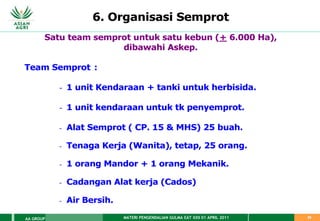 MATERI PENGENDALIAN GULMA EAT XXII 01 APRIL 2011
AA GROUP 55
6. Organisasi Semprot
Satu team semprot untuk satu kebun (+ 6.000 Ha),
dibawahi Askep.
Team Semprot :
- 1 unit Kendaraan + tanki untuk herbisida.
- 1 unit kendaraan untuk tk penyemprot.
- Alat Semprot ( CP. 15 & MHS) 25 buah.
- Tenaga Kerja (Wanita), tetap, 25 orang.
- 1 orang Mandor + 1 orang Mekanik.
- Cadangan Alat kerja (Cados)
- Air Bersih.
 