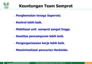 MATERI PENGENDALIAN GULMA EAT XXII 01 APRIL 2011
AA GROUP 57
Keuntungan Team Semprot
- Penghematan tenaga Supervisi.
- Kontrol lebih baik.
- Mobilisasi unit semprot sangat tinggi.
- Kwalitas pencampuran lebih baik.
- Pengorganisasian kerja lebih baik.
- Meminimalisasi pencurian Herbisida.
 
