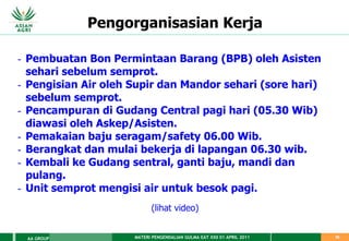 MATERI PENGENDALIAN GULMA EAT XXII 01 APRIL 2011
AA GROUP 58
Pengorganisasian Kerja
- Pembuatan Bon Permintaan Barang (BPB) oleh Asisten
sehari sebelum semprot.
- Pengisian Air oleh Supir dan Mandor sehari (sore hari)
sebelum semprot.
- Pencampuran di Gudang Central pagi hari (05.30 Wib)
diawasi oleh Askep/Asisten.
- Pemakaian baju seragam/safety 06.00 Wib.
- Berangkat dan mulai bekerja di lapangan 06.30 wib.
- Kembali ke Gudang sentral, ganti baju, mandi dan
pulang.
- Unit semprot mengisi air untuk besok pagi.
(lihat video)
 