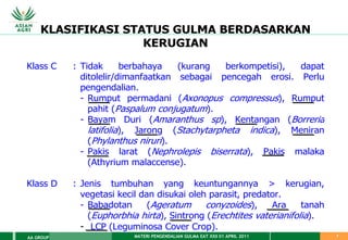 MATERI PENGENDALIAN GULMA EAT XXII 01 APRIL 2011
AA GROUP 7
KLASIFIKASI STATUS GULMA BERDASARKAN
KERUGIAN
Klass C : Tidak berbahaya (kurang berkompetisi), dapat
ditolelir/dimanfaatkan sebagai pencegah erosi. Perlu
pengendalian.
- Rumput permadani (Axonopus compressus), Rumput
pahit (Paspalum conjugatum).
- Bayam Duri (Amaranthus sp), Kentangan (Borreria
latifolia), Jarong (Stachytarpheta indica), Meniran
(Phylanthus niruri).
- Pakis larat (Nephrolepis biserrata), Pakis malaka
(Athyrium malaccense).
Klass D : Jenis tumbuhan yang keuntungannya > kerugian,
vegetasi kecil dan disukai oleh parasit, predator.
- Babadotan (Ageratum conyzoides), Ara tanah
(Euphorbhia hirta), Sintrong (Erechtites vaterianifolia).
- LCP (Leguminosa Cover Crop).
 
