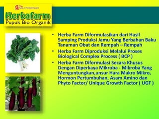 • Herba Farm Diformulasikan dari Hasil
Samping Produksi Jamu Yang Berbahan Baku
Tanaman Obat dan Rempah – Rempah
• Herba Farm Diproduksi Melalui Proses
Biological Complex Process ( BCP )
• Herba Farm Diformulasi Secara Khusus
Dengan Diperkaya Mikroba - Mikroba Yang
Menguntungkan,unsur Hara Makro Mikro,
Hormon Pertumbuhan, Asam Amino dan
Phyto Factor/ Unique Growth Factor ( UGF )
 