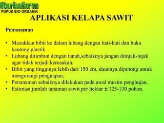 APLIKASI KELAPA SAWIT
Penanaman
• Masukkan bibit ke dalam lubang dengan hati-hati dan buka
kantong plastik.
• Lubang ditimbun dengan tanah,sebaiknya jangan diinjak-injak
agar tidak terjadi kerusakan.
• Bibit yang tingginya lebih dari 150 cm, daunnya dipotong untuk
mengurangi penguapan.
• Penanaman sebaiknya dilakukan pada awal musim penghujan.
• Estimasi jumlah tanaman sawit per hektar ± 125-130 pohon.
 