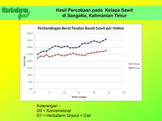 Hasil Percobaan pada Kelapa Sawit
di Sangatta, Kalimantan Timur
Keterangan :
D0 = Konvensional
D1 = Herbafarm Granul + Cair
 