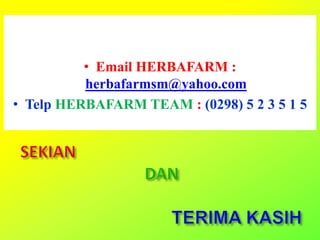 • Email HERBAFARM :
herbafarmsm@yahoo.com
• Telp HERBAFARM TEAM : (0298) 5 2 3 5 1 5
 
