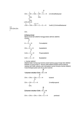 O
4

3

2

1 //

CH3 — CH — CH2 — CH — C — H
5|
|
CH2
CH3
6|
CH3
6 CH3 CH3 O
|
4
3 2 | 1 //
5 CH — CH2 — CH — C — C — H

2,4-dimetilheksanal

3-etil-2,2,5-trimetilheksanal

|||
CH3 CH2 CH3
|
CH3
2) Nama trivial
Nama trivial dari aldehid menggunakan akhiran aldehid.
Contoh:
O
//
H—C—H
Formaldehid
O
//
CH3 — C — H
Asetaldehid
O
//
C2H5 — C — H
Propionaldehid
O
//
C3H7 — C — H
Butialdehid
c. Isomer aldehid
Aldehid tidak mempunyai isomer posisi karena gugus fungsi dari aldehid
terletak di ujung rantai C. Isomer pada aldehid terjadi karena adanya
cabang dan letak cabang, jadi merupakan isomer struktur.Isomer aldehid
mulai terdapat pada suku ke-4 yaitu butanal.
O
//
1) Isomer struktur C3H7 — C — H
O
//
CH3 — CH2 — CH2 — C — H
butanal
O
//
CH3 — CH — C — H
2-metilpropanal
|
CH3
O
//
2) Isomer struktur C4H9 — C — H
O
//
CH3 — CH2 — CH2 — CH2 — C — H
pentanal

 