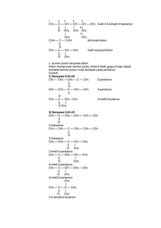 1

2

3

4

5

CH3 — C — CH — CH — CH — CH3 3-etil 4,5-dimetil 2-heptanon
||
|
|
6|
O CH2 CH3 CH2
|
7|
CH3
CH3
C2H5 — C — C3H7
etil propil keton
||
O
CH3 — C — CH — CH3
metil isopropil keton
||
|
O CH3
c. Isomer posisi senyawa keton
Keton mempunyai isomer posisi, karena letak gugus fungsi dapat
berbeda.Isomer posisi mulai terdapat pada pentanon.
Contoh:
1) Senyawa C5H10O
CH3 — CH2 — CH2 — C — CH3
2-pentanon
||
O
CH3 — CH2 — C — CH2 — CH3
3-pentanon
||
O
CH3 — C — CH— CH3
3-metil-2-butanon
||
|
O CH3
2) Senyawa C6H12O
CH3 — C — CH2 — CH2 — CH2 — CH3
||
O
2-heksanon
CH3 — CH2 — C — CH2 — CH2 — CH3
||
O
3-heksanon
CH3 — CH2 — C — CH — CH3
||
|
O
CH3
2-metil-3-pentanon
CH3 — C — CH2 — CH — CH3
||
|
O
CH3
4-metil-2-pentanon
CH3 — C — CH — CH2 — CH3
||
|
O
CH3
3-metil-2-pentanon
CH3
|
CH3 — C — C — CH3
||
|
O
CH3
3,3-dimetil-2-butanon

 