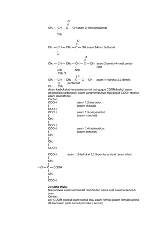 O
//
CH3 — CH — C — OH asam 2-metil propanoat
|
CH3
O
//
CH3 — CH — CH2 — C — OH asam 3-kloro butanoat
|
Cl
O
//
CH3 — CH — CH2 — CH — C — OH asam 2-amino-4-metil penta|
|
noat
CH3
NH2
CH3 O
| //
CH3 — CH — CH2 — C — C — OH asam 4-hidroksi-2,2-dimetil
||
pentanoat
OH
CH3
Asam karboksilat yang mempunyai dua gugus COOHdisebut asam
alkanadioat sedangkan asam yangmempunyai tiga gugus COOH disebut
asam alkanatrioat.
Contoh:
COOH
asam 1,2-etanadiot
|
(asam oksalat)
COOH
COOH
asam 1,3-propanadiot
|
(asam malonat)
CH2
|
COOH
COOH
asam 1,4-butanadioat
|
(asam suksinat)
CH2
|
CH2
|
COOH
COOH
|
CH2
|
HO — C — COOH
|
CH2
|
COOH

asam 1,3-hidroksi 1,3,5-pen tana trioat (asam sitrat)

2) Nama trivial
Nama trivial asam karboksilat diambil dari nama asal asam tersebut di
alam.
Contoh:
a) HCOOH disebut asam semut atau asam formiat (asam format) karena
diketemukan pada semut (formika = semut).

 