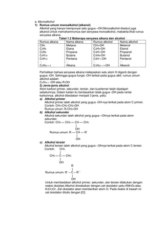 a. Monoalkohol
1) Rumus umum monoalkohol (alkanol)
Alkohol yang hanya mempunyai satu gugus –OH.Monoalkohol disebut juga
alkanol.Untuk memahamirumus dari senyawa monoalkohol, makakita lihat rumus
senyawa alkane.
Tabel 1.2 Beberapa senyawa alkana dan alcohol
Rumus alkana
Nama alkana
Rumus alkohol
Nama alkohol
CH4
Metana
CH3-OH
Metanol
C2H6
Etana
C2H5-OH
Etanol
C3H8
Propana
C3H7-OH
Propanol
C4H10
Butana
C4H9-OH
Butanol
C5H12
Pentana
C5H11-OH
Pentanol
�
�
�
�
CnH2n + 2
Alkana
CnH2n + 1-OH
Alkanol
Perhatikan bahwa senyawa alkana melepaskan satu atom H diganti dengan
gugus -OH. Sehingga gugus fungsi -OH terikat pada gugus alkil, rumus umum
alkohol adalah:
CnH2n + 1OH atau R-OH
2) Jenis-jenis alkohol
Atom karbon primer, sekunder, tersier, dan kuarterner telah dipelajari
sebelumnya. Dalam kaitan itu berdasarkan letak gugus -OH pada rantai
karbonnya, alkohol dibedakan menjadi 3 jenis, yaitu:
a) Alkohol primer
Alkohol primer ialah alkohol yang gugus -OH-nya terikat pada atom C primer.
Contoh: CH3-CH2-CH2-OH
Rumus umum: R-CH2-OH
b) Alkohol sekunder
Alkohol sekunder ialah alkohol yang gugus –Ohnya terikat pada atom
sekunder.
Contoh: CH3 — CH2 — CH — CH3
|
OH
Rumus umum: R — CH — R´
|
OH
c) Alkohol tersier
Alkohol tersier ialah alkohol yang gugus –Ohnya terikat pada atom C tersier.
Contoh:
CH3
|
CH3 — C — CH3
|
OH
R
|
Rumus umum: R´ – C – R´´
|
OH
Untuk membedakan alkohol primer, sekunder, dan tersier dilakukan dengan
reaksi oksidasi.Alkohol direaksikan dengan zat oksidator yaitu KMnO4 atau
K2Cr2O7. Zat oksidator akan memberikan atom O. Pada reaksi di bawah ini
zat oksidator ditulis dengan [O].

 