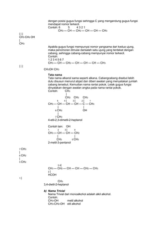 dengan posisi gugus fungsi sehingga C yang mengandung gugus fungsi
mendapat nomor terkecil.
Contoh: 6
5
4321
CH3 — CH — CH2 — CH — CH — CH3
|||
CH3 CH2 OH
|
CH3
Apabila gugus fungsi mempunyai nomor yangsama dari kedua ujung,
maka penomoran dimulai darisalah satu ujung yang terdekat dengan
cabang, sehingga cabang-cabang mempunyai nomor terkecil.
Contoh:
1234567
CH3 — CH — CH2 — CH — CH — CH — CH3
|||
CH3OH CH3
Tata nama
Tata nama alkanol sama seperti alkana. Cabangcabang disebut lebih
dulu disusun menurut abjad dan diberi awalan yang menyatakan jumlah
cabang tersebut. Kemudian nama rantai pokok. Letak gugus fungsi
dinyatakan dengan awalan angka pada nama rantai pokok.
Contoh:
CH3
|
CH2 CH3 CH3
5
4|
3|
2|
1
CH3 — CH — CH — CH — C — CH3
|
|
6 CH2
OH
|
7 CH3
4-etil-2,3-dimetil-2-heptanol
Contoh lain:
1

2

OH
3|

4

CH3 — CH — CH — CH2
|
|
CH3
5 CH3
2-metil-3-pentanol
7 CH3

|
6 CH2

|
5 CH2
3 4|
CH3 — CH2 — CH — CH — CH2 — CH3
2|
HCOH
1|

CH3
3,4-dietil-2-heptanol
b) Nama Trivial
Nama Trivial dari monoalkohol adalah alkil alkohol.
Contoh:
CH3-OH
metil alkohol
CH3-CH2-OH etil alkohol

 