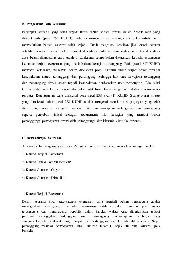 Tinjauan Umum Perjanjian Polis Dan Sifat Perjanjian Asuransi