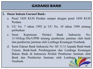 GARANSI BANK
2. Dasar hukum Garansi Bank:
a. Pasal 1820 KUH Perdata sampai dengan pasal 1850 KUH
Perdata
b. UU No. 7 tahun...
