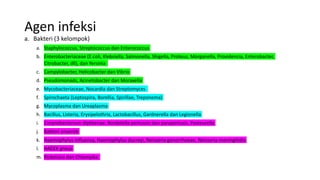 Agen infeksi
a. Bakteri (3 kelompok)
a. Staphylococcus, Streptococcus dan Enterococcus
b. Enterobacteriaceae (E.coli, Klebsiella, Salmonella, Shigella, Proteus, Morganella, Providencia, Enterobacter,
Citrobacter, dll), dan Yersinia
c. Campylobacter, Helicobacter dan Vibrio
d. Pseudomonads, Acinetobacter dan Moraxella
e. Mycobacteriaceae, Nocardia dan Streptomyces
f. Spirochaeta (Leptospira, Borellia, Spirillae, Treponema)
g. Mycoplasma dan Ureaplasma
h. Bacillus, Listeria, Erysipelothrix, Lactobacillus, Gardnerella dan Legionella
i. Corynebacterium diphteriae, Bordetella pertussis dan parapertusis, Pasteurella
j. Bakteri anaerob
k. Haemophylus influenza, Haemophylus ducreyi, Neisseria gonorrhoeae, Neisseria meningitidis
l. HACEK group
m. Ricketssia dan Chlamydia
 