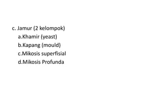 c. Jamur (2 kelompok)
a.Khamir (yeast)
b.Kapang (mould)
c.Mikosis superfisial
d.Mikosis Profunda
 
