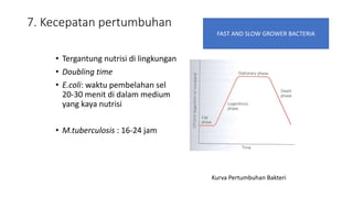 7. Kecepatan pertumbuhan
• Tergantung nutrisi di lingkungan
• Doubling time
• E.coli: waktu pembelahan sel
20-30 menit di dalam medium
yang kaya nutrisi
• M.tuberculosis : 16-24 jam
FAST AND SLOW GROWER BACTERIA
Kurva Pertumbuhan Bakteri
 