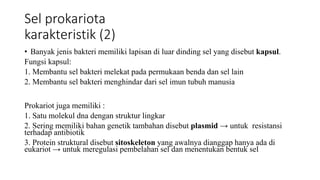 Sel prokariota
karakteristik (2)
• Banyak jenis bakteri memiliki lapisan di luar dinding sel yang disebut kapsul.
Fungsi kapsul:
1. Membantu sel bakteri melekat pada permukaan benda dan sel lain
2. Membantu sel bakteri menghindar dari sel imun tubuh manusia
Prokariot juga memiliki :
1. Satu molekul dna dengan struktur lingkar
2. Sering memiliki bahan genetik tambahan disebut plasmid → untuk resistansi
terhadap antibiotik
3. Protein struktural disebut sitoskeleton yang awalnya dianggap hanya ada di
eukariot → untuk meregulasi pembelahan sel dan menentukan bentuk sel
 