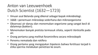 Anton van Leeuwenhoek
Dutch Scientist (1632—1723)
• Ilmuan asal Belanda yang dikenal sebagai bapak mikrobiologi.
• 1668—penemuan mikroskop sederhana dan mikroorganisme
• Observasi air danau dan menemukan organisme yang sangat kecil di
dalamnya (bakteri).
• Menemukan banyak protista termasuk siliata, seperti Vorticella pada
air.
• Orang pertama yang melihat foraminifera secara mikroskopik
• Penemu nematoda dan rotifera
• Orang pertama yang mengajukan hipotesis bahwa fertilisasi terjadi k
etika sperma melakukan penetrasi ke ovum.
 