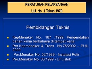 Pembidangan Teknis
 KepMenaker No. 187 /1999 Pengendalian
bahan kimia berbahaya di tempat kerja
 Per.Kepmenaker & Trans No.75/2002 – PUIL
2000
 Per.Menaker No. 02/1989 - Instalasi Petir
 Per.Menaker No. 03/1999 - Lif Listrik
PERATURAN PELAKSANAAN
UU No. 1 Tahun 1970
 