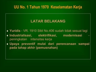UU No. 1 Tahun 1970 Keselamatan Kerja
LATAR BELAKANG
 Yuridis - VR. 1910 Stbl No.406 sudah tidak sesuai lagi
 Industrialisasi, elektrifikasi, modernisasi -
peningkatan intensitas kerja
 Upaya preventif mulai dari perencanaan sampai
pada tahap akhir (pemusnahan)
 