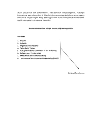 aturan yang dibuat oleh pemerintahnya. Tidak demikian halnya dengan HI, Hubungan
internasional yang diatur oleh HI dilandasi oleh persaamaan kedudukan antar anggota
masyarakat bangsa-bangsa. Yang tertinnggi dalam sturktur masyarakat internasionnal
adalah masyarakat innternasional itu sendiri.
Hukum Innternasional Sebagai Hukum yang Sesungguhhnya
SUBJEK HI
1. Negara
2. Individu
3. Organisasi Internasional
4. Tahta Suci / Vatican
5. ICRC (International Committee of The Red Cross)
6. Beligerency / Pemberontak
7. MNC (Multi National Corporation)
8. International Non Goverment Organization (INGO)
Lengkapi Pemahaman
 