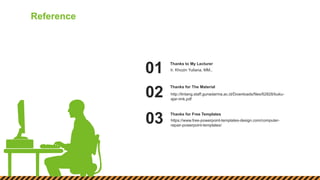 http://lintang.staff.gunadarma.ac.id/Downloads/files/62828/buku-
ajar-imk.pdf
02
https://www.free-powerpoint-templates-design.com/computer-
repair-powerpoint-templates/
03
Reference
Thanks for The Material
Thanks for Free Templates
Ir. Khozin Yuliana, MM.,01
Thanks to My Lecturer
 