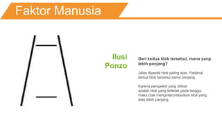 Faktor Manusia
Dari kedua blok tersebut, mana yang
lebih panjang?
Jelas dijawab blok paling atas. Padahal
kedua blok tersebut sama panjang.
Karena perspektif yang dilihat
adalah blok yang terletak pada tangga,
maka otak menginterpretasikan blok yang
atas lebih panjang.
Ilusi
Ponzo
b
 