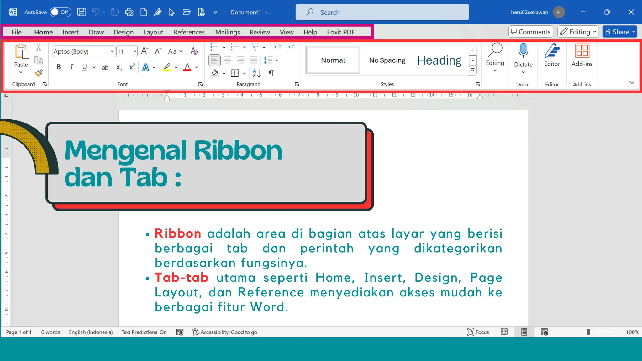 Mengenal Ribbon
dan Tab :
Ribbon adalah area di bagian atas layar yang berisi
berbagai tab dan perintah yang dikategorikan
berdasarkan fungsinya.
Tab-tab utama seperti Home, Insert, Design, Page
Layout, dan Reference menyediakan akses mudah ke
berbagai fitur Word.
 