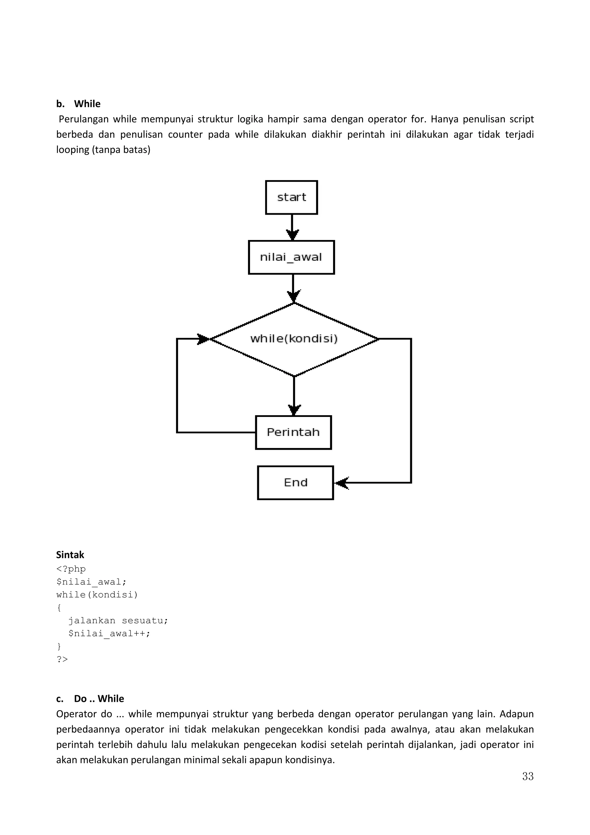 33
b. While
Perulangan while mempunyai struktur logika hampir sama dengan operator for. Hanya penulisan script
berbeda dan penulisan counter pada while dilakukan diakhir perintah ini dilakukan agar tidak terjadi
looping (tanpa batas)
Sintak
<?php
$nilai_awal;
while(kondisi)
{
jalankan sesuatu;
$nilai_awal++;
}
?>
c. Do .. While
Operator do ... while mempunyai struktur yang berbeda dengan operator perulangan yang lain. Adapun
perbedaannya operator ini tidak melakukan pengecekkan kondisi pada awalnya, atau akan melakukan
perintah terlebih dahulu lalu melakukan pengecekan kodisi setelah perintah dijalankan, jadi operator ini
akan melakukan perulangan minimal sekali apapun kondisinya.
 