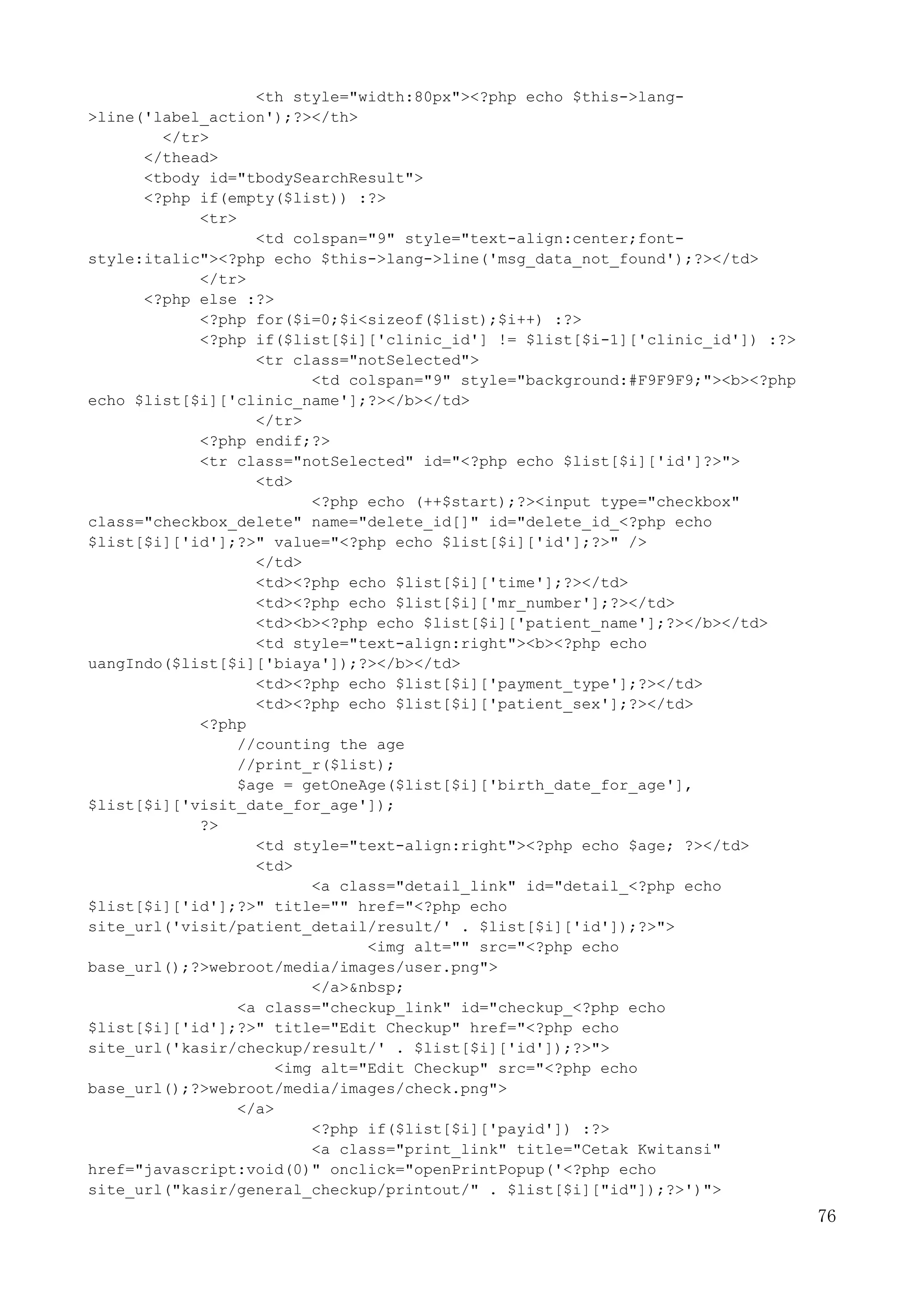 76
<th style="width:80px"><?php echo $this->lang-
>line('label_action');?></th>
</tr>
</thead>
<tbody id="tbodySearchResult">
<?php if(empty($list)) :?>
<tr>
<td colspan="9" style="text-align:center;font-
style:italic"><?php echo $this->lang->line('msg_data_not_found');?></td>
</tr>
<?php else :?>
<?php for($i=0;$i<sizeof($list);$i++) :?>
<?php if($list[$i]['clinic_id'] != $list[$i-1]['clinic_id']) :?>
<tr class="notSelected">
<td colspan="9" style="background:#F9F9F9;"><b><?php
echo $list[$i]['clinic_name'];?></b></td>
</tr>
<?php endif;?>
<tr class="notSelected" id="<?php echo $list[$i]['id']?>">
<td>
<?php echo (++$start);?><input type="checkbox"
class="checkbox_delete" name="delete_id[]" id="delete_id_<?php echo
$list[$i]['id'];?>" value="<?php echo $list[$i]['id'];?>" />
</td>
<td><?php echo $list[$i]['time'];?></td>
<td><?php echo $list[$i]['mr_number'];?></td>
<td><b><?php echo $list[$i]['patient_name'];?></b></td>
<td style="text-align:right"><b><?php echo
uangIndo($list[$i]['biaya']);?></b></td>
<td><?php echo $list[$i]['payment_type'];?></td>
<td><?php echo $list[$i]['patient_sex'];?></td>
<?php
//counting the age
//print_r($list);
$age = getOneAge($list[$i]['birth_date_for_age'],
$list[$i]['visit_date_for_age']);
?>
<td style="text-align:right"><?php echo $age; ?></td>
<td>
<a class="detail_link" id="detail_<?php echo
$list[$i]['id'];?>" title="" href="<?php echo
site_url('visit/patient_detail/result/' . $list[$i]['id']);?>">
<img alt="" src="<?php echo
base_url();?>webroot/media/images/user.png">
</a>&nbsp;
<a class="checkup_link" id="checkup_<?php echo
$list[$i]['id'];?>" title="Edit Checkup" href="<?php echo
site_url('kasir/checkup/result/' . $list[$i]['id']);?>">
<img alt="Edit Checkup" src="<?php echo
base_url();?>webroot/media/images/check.png">
</a>
<?php if($list[$i]['payid']) :?>
<a class="print_link" title="Cetak Kwitansi"
href="javascript:void(0)" onclick="openPrintPopup('<?php echo
site_url("kasir/general_checkup/printout/" . $list[$i]["id"]);?>')">
 