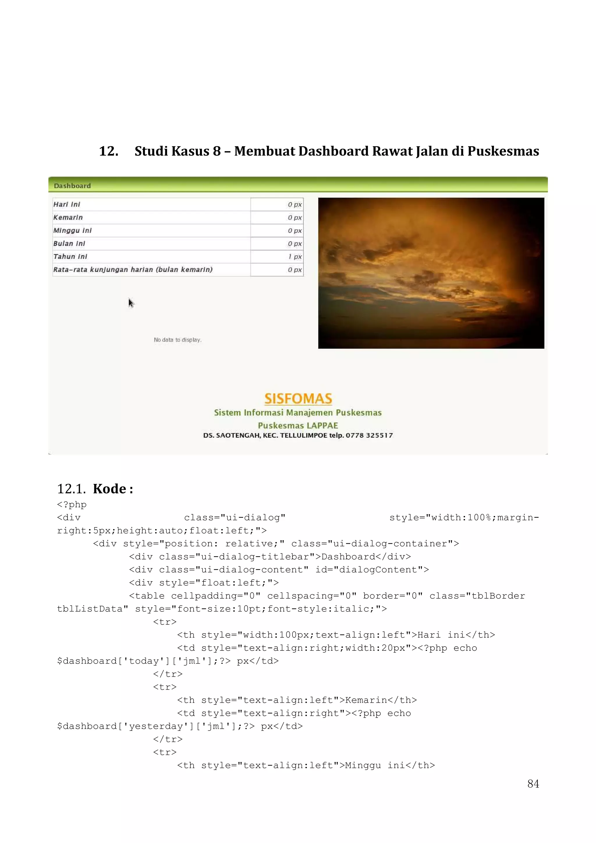 84
12. Studi Kasus 8 – Membuat Dashboard Rawat Jalan di Puskesmas
12.1. Kode :
<?php
<div class="ui-dialog" style="width:100%;margin-
right:5px;height:auto;float:left;">
<div style="position: relative;" class="ui-dialog-container">
<div class="ui-dialog-titlebar">Dashboard</div>
<div class="ui-dialog-content" id="dialogContent">
<div style="float:left;">
<table cellpadding="0" cellspacing="0" border="0" class="tblBorder
tblListData" style="font-size:10pt;font-style:italic;">
<tr>
<th style="width:100px;text-align:left">Hari ini</th>
<td style="text-align:right;width:20px"><?php echo
$dashboard['today']['jml'];?> px</td>
</tr>
<tr>
<th style="text-align:left">Kemarin</th>
<td style="text-align:right"><?php echo
$dashboard['yesterday']['jml'];?> px</td>
</tr>
<tr>
<th style="text-align:left">Minggu ini</th>
 