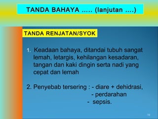 TANDA BAHAYA ….. (lanjutan ….)

TANDA RENJATAN/SYOK
1. Keadaan bahaya, ditandai tubuh sangat

lemah, letargis, kehilangan kesadaran,
tangan dan kaki dingin serta nadi yang
cepat dan lemah

2. Penyebab tersering : - diare + dehidrasi,
- perdarahan
- sepsis.
10

 
