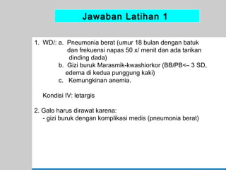 Jawaban Latihan 1
1. WD/: a. Pneumonia berat (umur 18 bulan dengan batuk
dan frekuensi napas 50 x/ menit dan ada tarikan
dinding dada)
b. Gizi buruk Marasmik-kwashiorkor (BB/PB<– 3 SD,
edema di kedua punggung kaki)
c. Kemungkinan anemia.
Kondisi IV: letargis
2. Galo harus dirawat karena:
- gizi buruk dengan komplikasi medis (pneumonia berat)

55

 