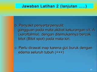 Jawaban Latihan 2 (lanjutan …..)

b. Penyakit penyerta/penyulit:
gangguan pada mata akibat kekurangan vit. A
(xeroftalmia), dengan ditemukannya bercak
bitot (Bitot spot) pada mata kiri.
c. Perlu dirawat inap karena gizi buruk dengan
edema seluruh tubuh (+++)

69

 