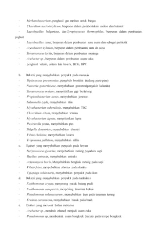 · Methanobacterium, penghasil gas methan untuk biogas
· Clotridium acetobutylicum, berperan dalam pembentukan aseton dan butanol
· Lactobacillus bulgaricus, dan Streptococcus thermophilus, berperan dalam pembuatan
yoghurt
· Lactobacillus casei, berperan dalam pembuatan susu asam dan sebagai prebiotik
· Acetobacter xylinum, berperan dalam pembuatan nata de coco
· Streptococcus lactis, berperan dalam pembuatan mentega
· Acebacter sp., berperan dalam pembuatan asam cuka
· penghasil vaksin, antara lain kolera, BCG, DPT.
b. Bakteri yang menyebabkan penyakit pada manusia
· Diplococcus pneumoniae, penyebab bronkitis (radang paru-paru)
· Neisseria gonorrhoeae, menyebabkan gonorrea(penyakit kelamin)
· Streptococcus mutans, menyebabkan gigi berlubang
· Propionibacterium acnes, menyebabkan jerawat
· Salmonella typhi, menyebabkan tifus
· Mycobacterium tuberclosis, menyebabkan TBC
· Clostridium tetani, menyebabkan tetanus
· Mycobacterium leprae, menyebabkan lepra
· Pasteurella pestis, menyebabkan pes
· Shigella dysentriae, menyebabkan disentri
· Vibrio cholerae, menyebabkan kolera
· Treponema pallidum, menyebabkan sifilis
c. Bakteri yang menyebabkan penyakit pada hewan
· Streptococcus galactia, menyebabkan radang payudara sapi
· Bacillus antracis, menyebabkan antraks
· Actynomyces bovis, Menyebabkan bengkak rahang pada sapi
· Vibrio fetus, menyebabkan abortus pada domba
· Cytopaga columnaris, menyebabkan penyakit pada ikan
d. Bakteri yang menyebabkan penyakit pada tumbuhan
· Xanthomonas aryzae, menyerang pucuk batang padi
· Xanthomonas campestris, menyerang tanaman kubus
· Pesudomonas solanacearum, menyebabkan layu pada tanaman terung
· Erwinia carotovora, menyebabkan busuk pada buah
e. Bakteri yang merusak bahan makanan
· Acebacter sp., merubah ethanol menjadi asam cuka
· Pesudomonas sp.,membentuk asam bongkrek (racun) pada tempe bongkrek
 