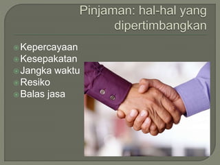 Kepercayaan
Kesepakatan
Jangka waktu
Resiko
Balas jasa
 