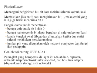 Physical Layer
Menangani pengiriman bit-bit data melalui saluran komunikasi
Memastikan jika entiti satu mengirimkan bit 1, maka entiti yang
lain juga harus menerima bit 1
Fungsi utama untuk menentukan
◦ berapa volt untuk bit 1 dan 0
◦ berapa nanoseconds bit dapat bertahan di saluran komunikasi
◦ kapan koneksi awal dibuat dan diputuskan ketika dua entiti
selesai melakukan pertukaran data
◦ jumlah pin yang digunakan oleh network connector dan fungsi
dari setiap pin
Contoh: token ring, IEEE 802.11
Perangkat yang beroperasi di layer ini adalah hub, repeater,
network adapter/network interface card, dan host bus adapter
(digunakan di storage area network)
 