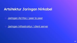 24
Artsitektur Jaringan Nirkabel
⬡ Jaringan Ad Hoc / peer to peer
⬡ Jaringan Infrastruktur / client server
 