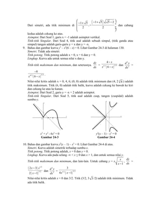 Dari simetri, ada titik minimum di 1 5 , ( 1 5) 5 2 
æ - + - ö ç - + çç - ¸ 2 2 
¸¸ è ø 
dan cabang 
kedua adalah cekung ke atas. 
Asimptot. Dari Soal 1, garis x = -1 adalah asimptot vertikal. 
Titik-titik Singular. Dari Soal 4, titik asal adalah sebuah simpul, (titik ganda atau 
simpul) tangen adalah garis-garis y = x dan y = -x. 
9. Bahas dan gambar kurva y3 – x2(6 – x) = 0. Lihat Gambar 24-3 di halaman 130. 
Simetri. Tidak ada simetri. 
Titik potong. Titik potong adalah x = 0, x = 6 dan y = 0. 
Lingkup. Kurva ada untuk semua nilai x dan y. 
Titik-titik maksimum dan minimum, dan seterusnya. 
dy 
dx 
- 
- dan 
4 
6 
x 
= x 1/3 ( x 
) 2/3 
2 
2 
d y 
dx 
= 
- 
8 
- . 
( )4/3 5/3 
x 6 x 
Nilai-nilai kritis adalah x = 0, 4, 6; (0, 0) adalah titik minimum dan (4, 2 3 4 ) adalah 
titik maksimum. Titik (6, 0) adalah titik balik, kurva adalah cekung ke bawah ke kiri 
dan cekung ke atas ke kanan. 
Asimptot. Dari Soal 2, garis y = -x + 2 adalah asimptot. 
Titik-titik Singular. Dari Soal 5, titik asal adalah cusp, tangen (cuspidal) adalah 
sumbu-y. 
0 
y 
x 
2 
2 4 6 
y 
x 
1 
0 
x3 + y3 - 6x2 = 0 y2(x – 1) – x3 = 0 
Gambar 24-3 Gambar 24-4 
10. Bahas dan gambar kurva y2(x – 1) – x3 = 0. Lihat Gambar 24-4 di atas. 
Simetri. Kurva adalah simetrik terhadap sumbu-x. 
Titik potong. Titik potong adalah, x = 0 dan y = 0. 
Lingkup. Kurva ada pada selang -∞ < x < 0 dan x > 1, dan untuk semua nilai y. 
Titik-titik maksimum dan minimum, dan lain-lain. Untuk cabang y = x 
1 
x 
x - 
, 
dy 
dx 
= 
( ) 
( ) 
1/2 
3/2 
x - 
x 
x 
- 
2 3 
2 1 
dan 
2 
2 
d y 
dx 
3 
= 4x 1/2 ( x -1 
)5/2 
Nilai-nilai kritis adalah x = 0 dan 3/2. Titik (3/2, 3 3 /2) adalah titik minimum. Tidak 
ada titik balik. 
 