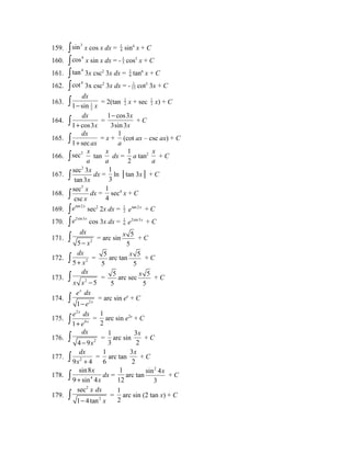 159. òsin3 x cos x dx = 1 
4 sin4 x + C 
160. òcos4 x sin x dx = - 1 
5 cos5 x + C 
161. ò tan4 3x csc2 3x dx = 1 
6 tan6 x + C 
162. òcot4 3x csc2 3x dx = - 1 
15 cot5 3x + C 
dx 
ò - x = 2(tan 1 
163. 1 
2 1 sin 
2 x + sec 1 
2 x) + C 
164. 
dx 
ò = 
1 + cos3 
x x 
x 
- 
1 cos3 
3sin 3 
+ C 
165. 
ò dx 
= x + 
1 + sec 
ax 1 
a 
(cot ax – csc ax) + C 
166. òsec2 x 
a 
tan 
x 
a 
dx = 
1 
2 
a tan2 
x 
a 
+ C 
167. 
sec2 3 
tan 3 
x 
ò x dx = 
1 
3 
ln │tan 3x│ + C 
168. 
sec5 
csc 
x 
ò x dx = 
1 
4 
sec4 x + C 
169. òetan 2x sec2 2x dx = 1 
2 
etan 2x + C 
170. òe2sin3x cos 3x dx = 1 
6 
e2sin3x + C 
dx 
- x ò = arc sin 5 
171. 5 2 
x + C 
5 
dx 
ò + x = 5 
172. 5 2 
5 
x + C 
arc tan 5 
5 
dx 
x x - ò = 5 
173. 2 5 
5 
x + C 
arc sec 5 
5 
x 
e dx 
- e ò = arc sin ex + C 
174. 2 
1 
x 
175. 
2 
ò e dx 
= 
1 
+ e 4 
x 
x 
1 
2 
arc sin e2x + C 
dx 
- x ò = 
176. 4 9 2 
1 
3 
arc sin 
x 
+ C 
3 
2 
dx 
ò x + = 
177. 9 2 4 
1 
6 
arc tan 
x 
+ C 
3 
2 
x 
sin8 
9 sin 4 
ò + x dx = 
178. 4 
1 
12 
arc tan 
sin2 4 
3 
x + C 
179. 
2 
x dx 
2 
sec 
1 4 tan 
- x ò = 
1 
2 
arc sin (2 tan x) + C 
 