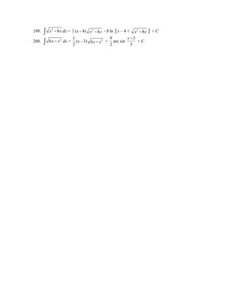 199. ò x2 -8x dx = 1 
2 (x - 4) x2 -8x - 8 ln │x – 4 + x2 -8x │ + C 
200. ò 6x - x2 dx = 
1 
2 
(x - 3) 6x - x2 + 
9 
2 
arc sin 
x - 
3 
3 
+ C 
 